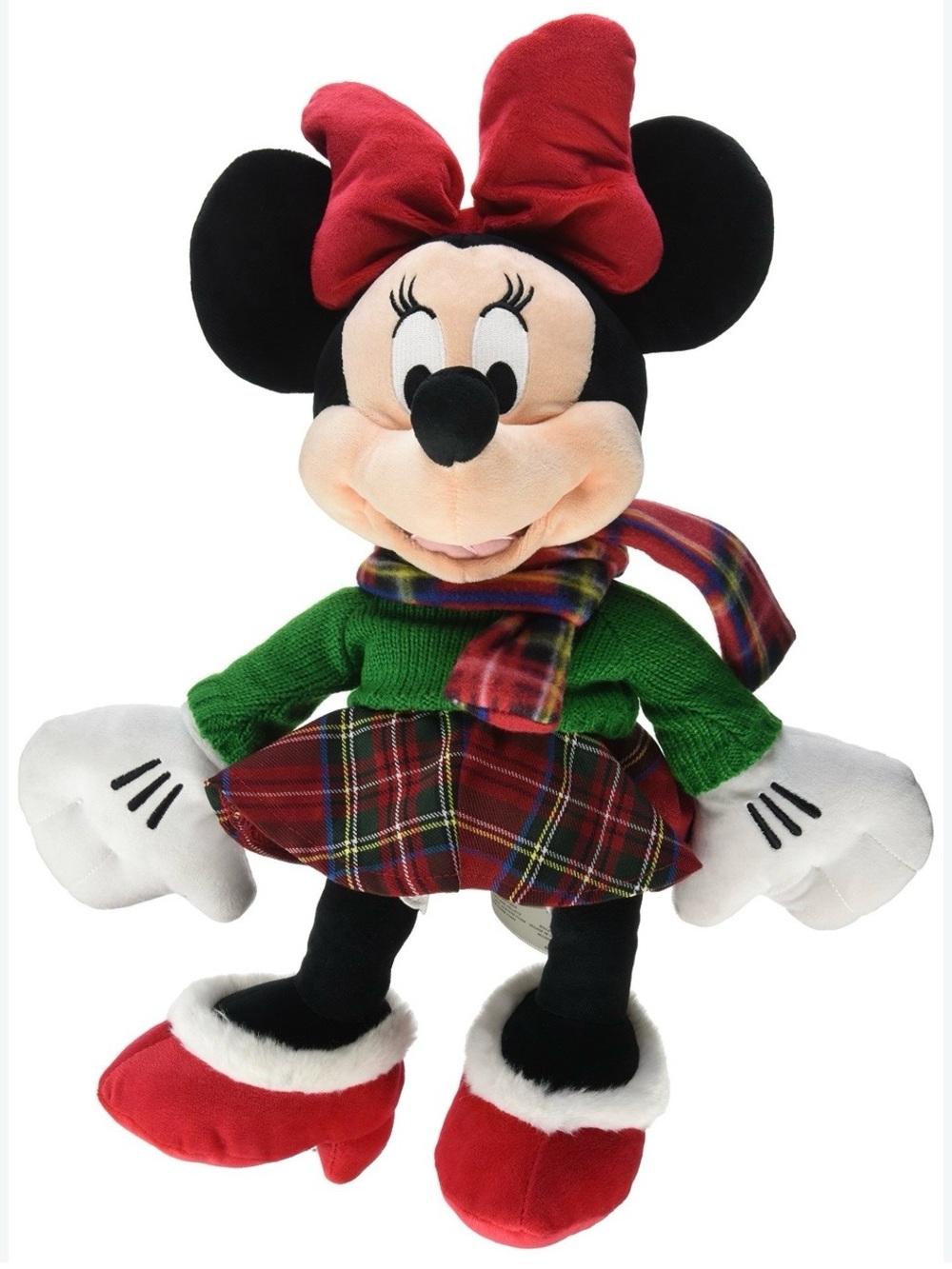 Disney Parks Minnie Mouse Christmas Holiday Plush Plaid Dress Scarf Red Bow